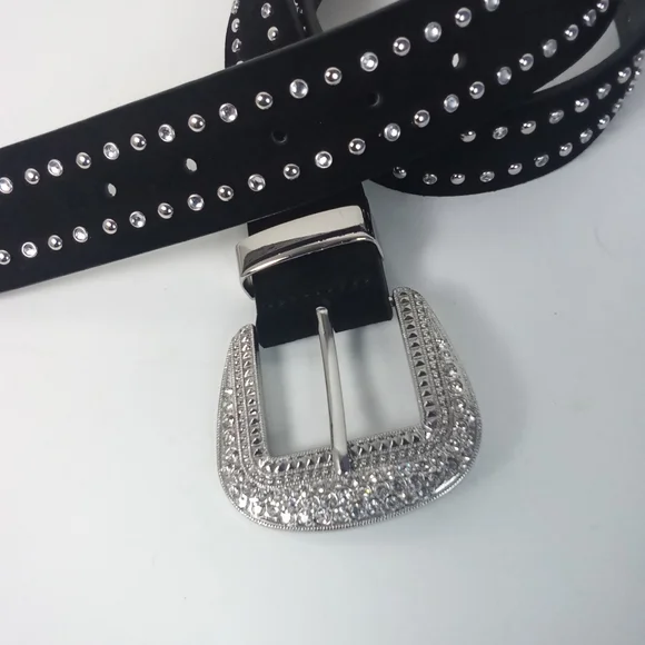 Anthropologie Rhinestone Studded Black Leather Belt Silver Accents Western NWOT - Picture 6 of 10